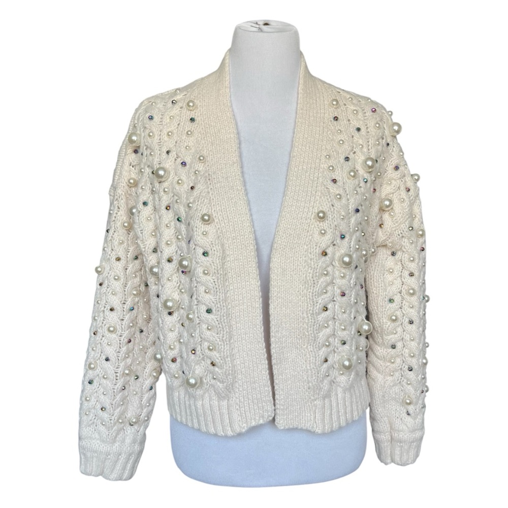 Anthropologie Maeve Embellished Cardigan One Size Cream Pearls - Picture 5 of 14